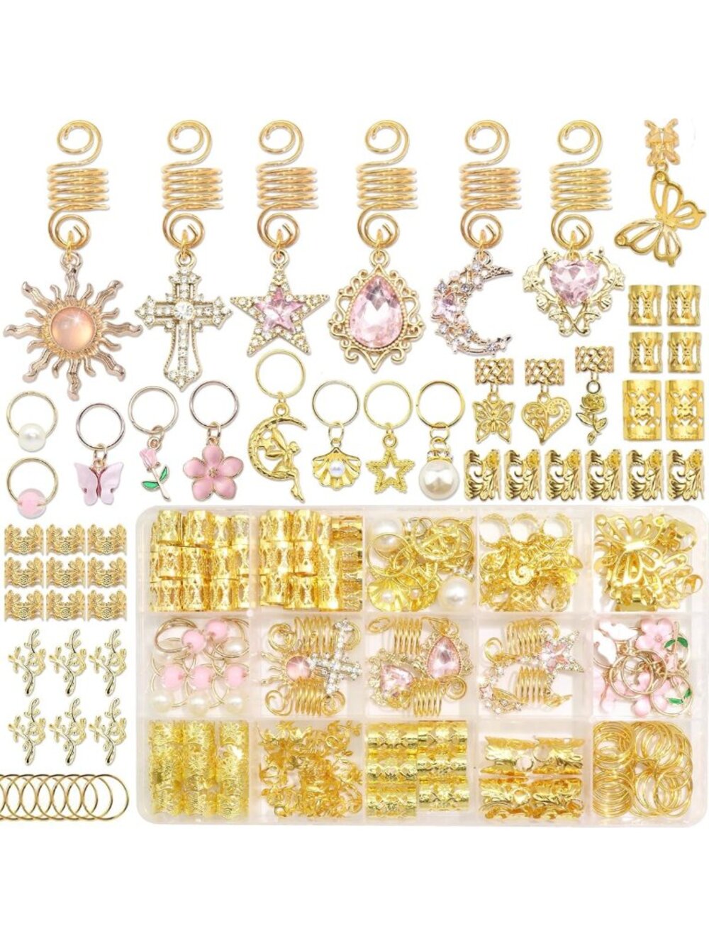 154PCS Hair Jewelry for Braids - Pink Crystal Clips, Butterfly & Heart Dreadlock